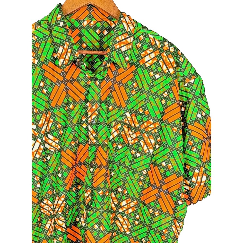 African Print Shirt Mens L Green Orange Button Up Short Sleeve